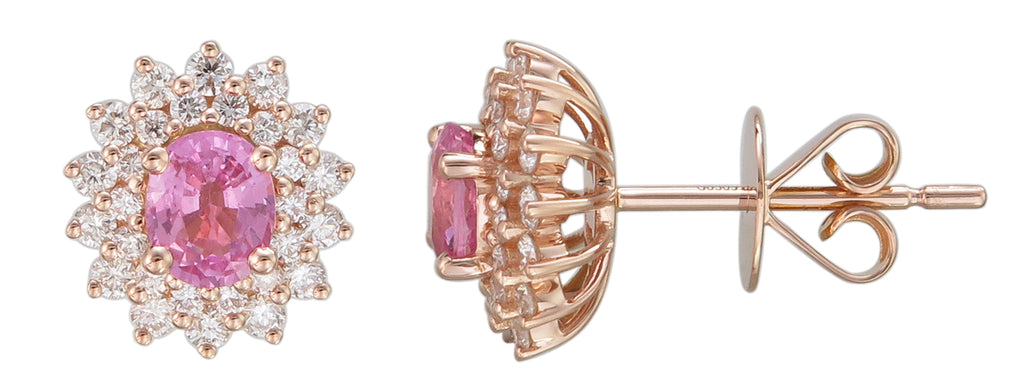 Ladies Double Halo Diamond and Pink Sapphire Stud Earrings