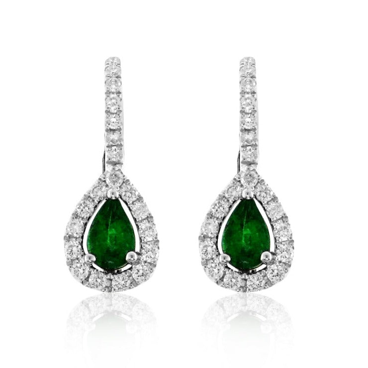 Pear Shape Emerald and Diamond Drop Earrings 1.05ct tw