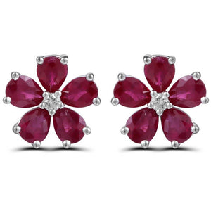 Ladies Flower Shape Ruby And Diamond Stud Earrings