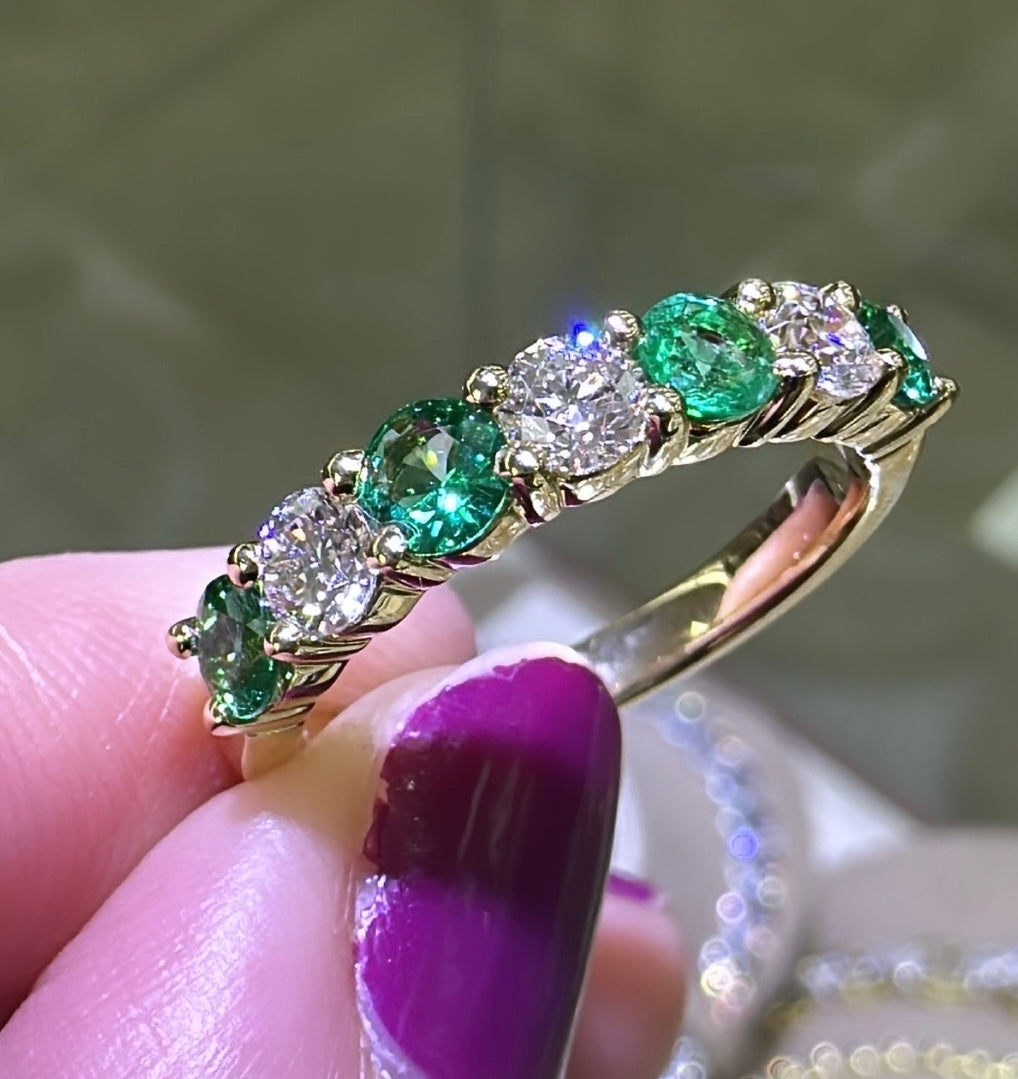Emerald & Diamond Alternating Yellow Gold Eternity Band Rose Gold