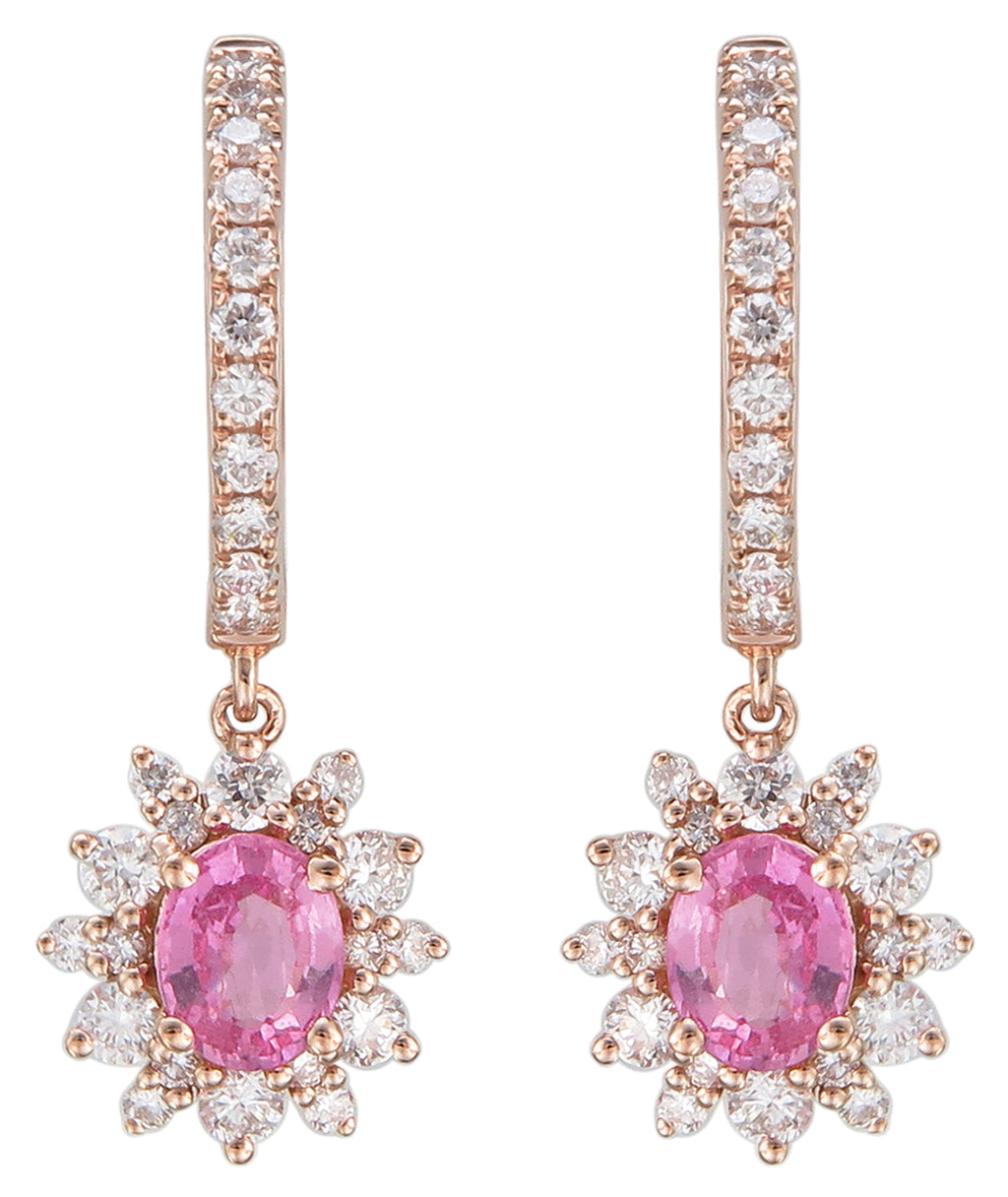 Ladies Halo Diamond and Pink Sapphire Drop Earrings