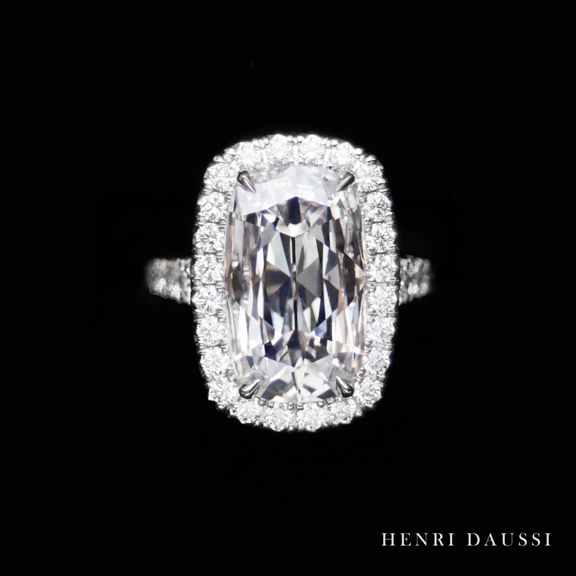 Henri Daussi 1.54ct Cushion Halo Graduated Shank Ring