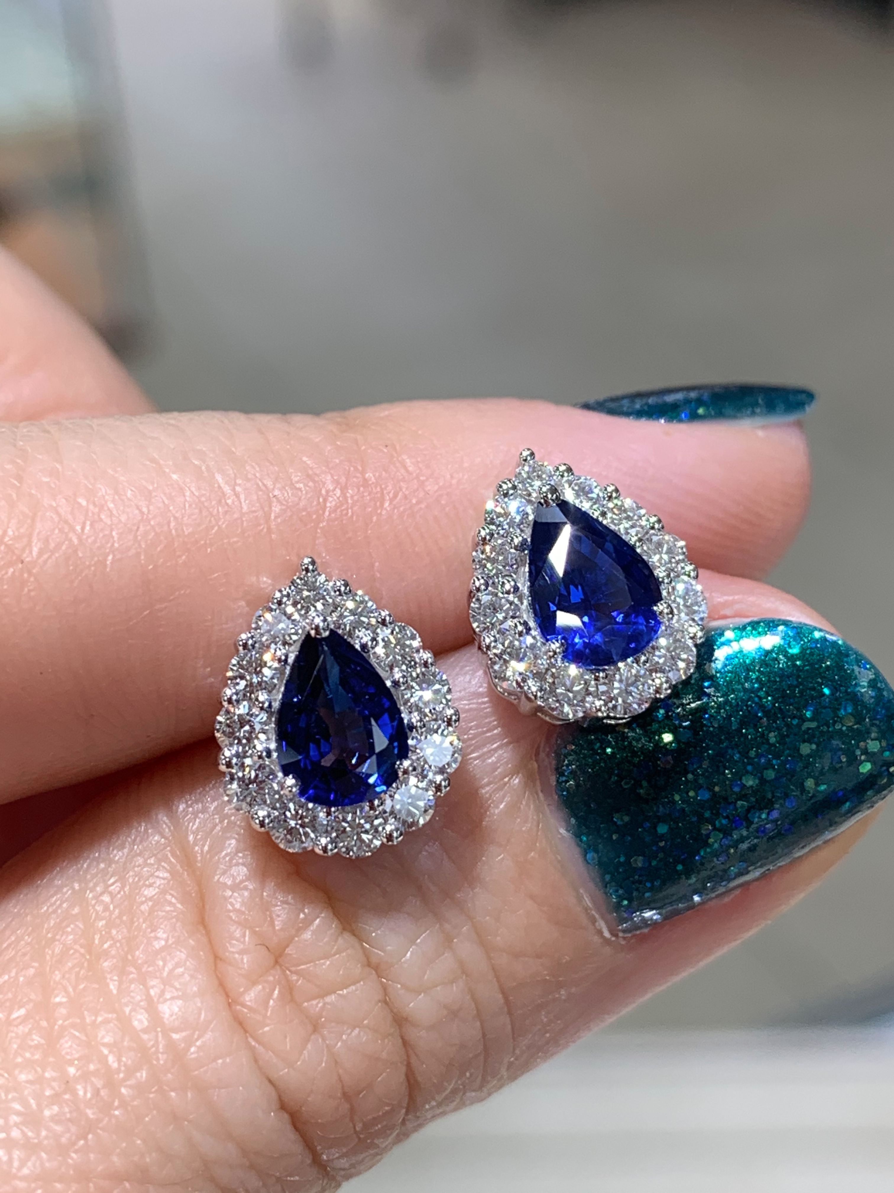 Ladies Pear Shape Blue Sapphire Diamond Stud Earrings