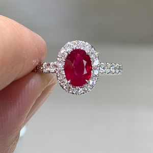Oval Ruby Halo Ring with Diamonds 1.00 ctw