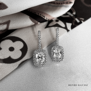 Henri Daussi Signed 2.20ctw Cushion Cut with Halo Diamond Drop Earrings