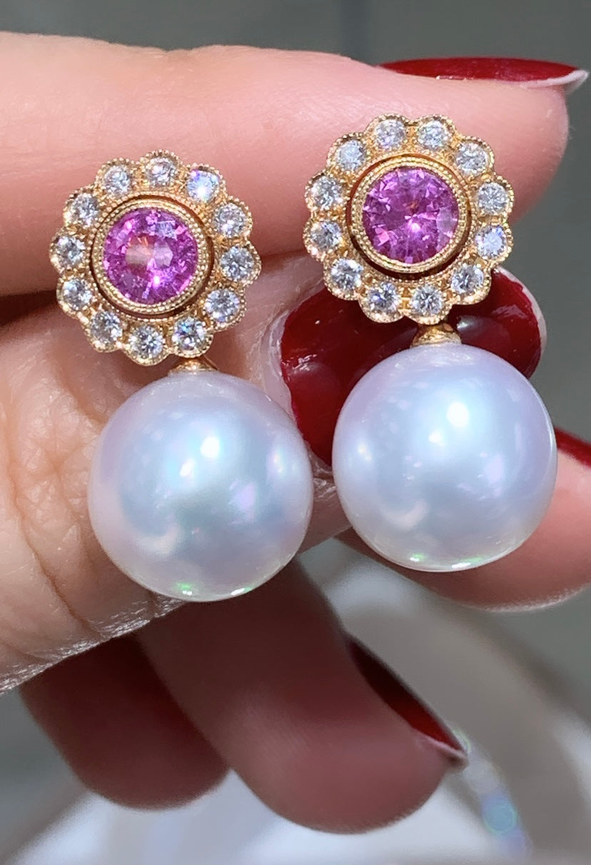 South - Sea Pearl, Diamond & Pink Sapphire Earrings