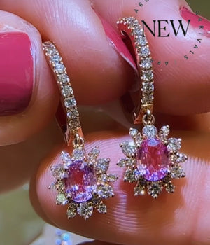 Ladies Halo Diamond and Pink Sapphire Drop Earrings