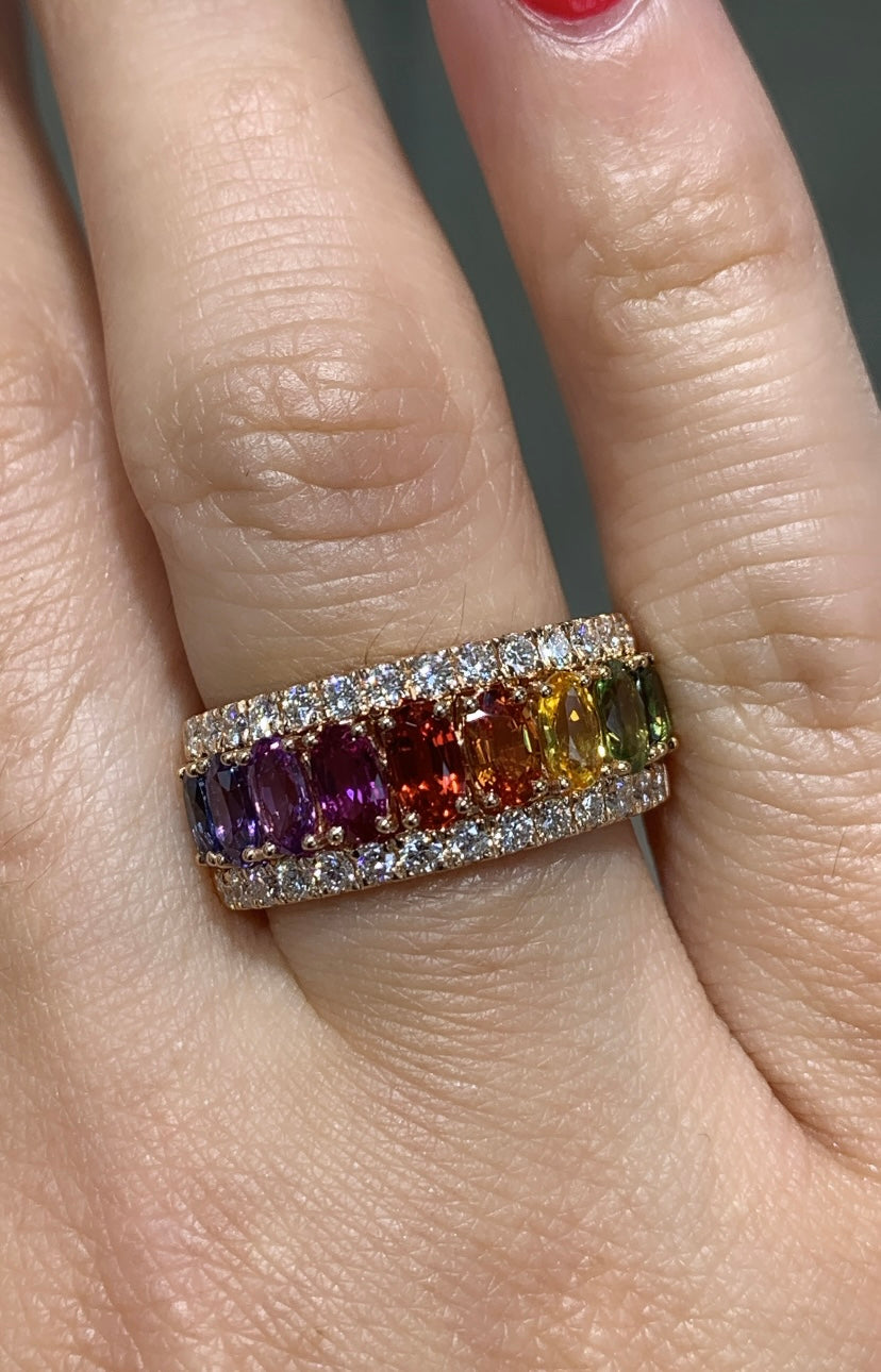 Rainbow Sapphire Oval-cut and White Diamond Ring