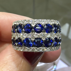 Blue Sapphire And Pave Diamond 5 Rows Wide Cocktail Ring