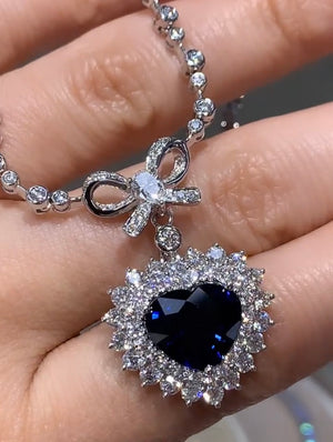8.56CT TW Royal Blue Sapphire Diamond Heart Solitaire Pendant Statement Necklace