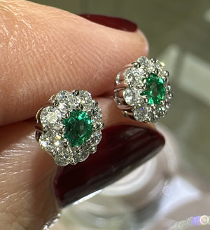 Ladies Green Emerald Diamond Stud Earrings