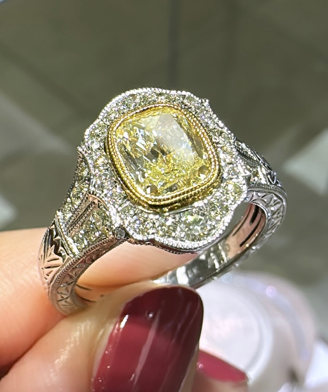 Henri Daussi Antique Style Canary Fancy Yellow Center 1.52ct t.w. Engagement Ring