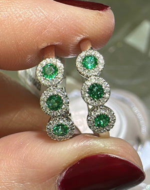 Ladies 3 Stone Emerald & Diamond Huggie Earrings 0.43ct tw