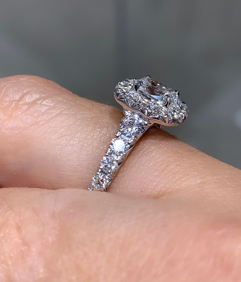 Henri Daussi GIA Certified 1.68ct tw Cushion Halo Graduated Shank Engagement  Anniversary Ring