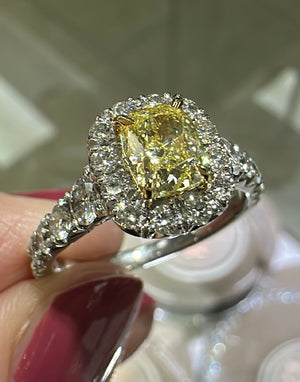 Henri Daussi GIA Certified 1.73ct tw Fancy Yellow Cushion Cut Halo Engagement Ring