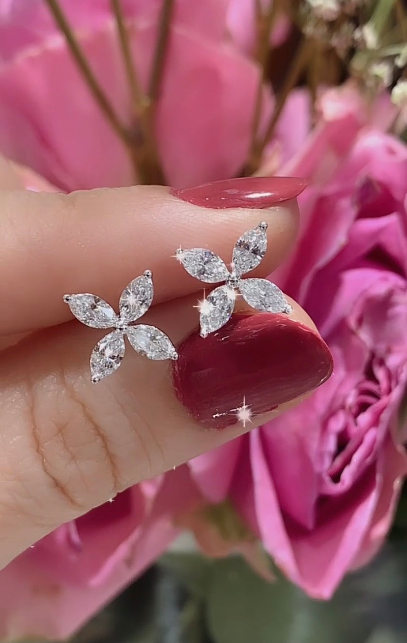 Ladies Diamond Flower Shape Marquise Stud Earrings - HANIKEN JEWELERS NEW-YORK