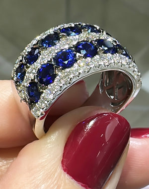 Blue Sapphire And Pave Diamond 5 Rows Wide Cocktail Ring