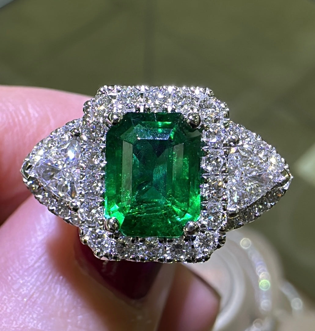 GRS Certified Ladies Statement 1.88ct Zambian Emerald - Cut Emerald & Diamond Ring