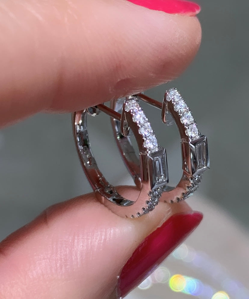 Ladies Diamond Single Emerald Cut Huggie Earrings 0.27ct tw
