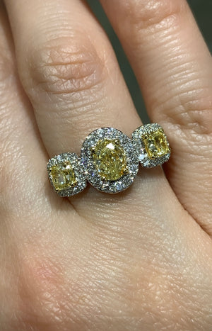 2.04CT TW  Three Stone Fancy Yellow Diamond Halo Ring