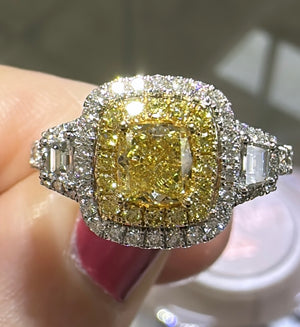 Canary Fancy Yellow Cushion Cut 1.84ctw, 2 Trapezoid 0.59ctw Halo Ring