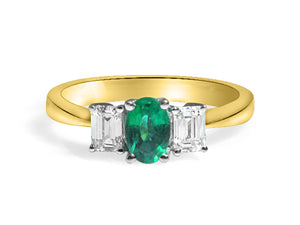 Three Stone Emerald And Diamond Ring In Yellow Gold
