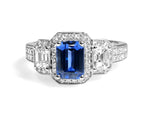 Sapphire Ring, Emerald cut blue sapphire, Diamond, 3 stone, cocktail ring, gia