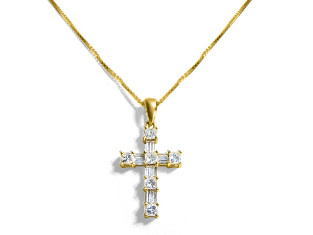 Baguette And Princess Cut Cross in Yellow Gold