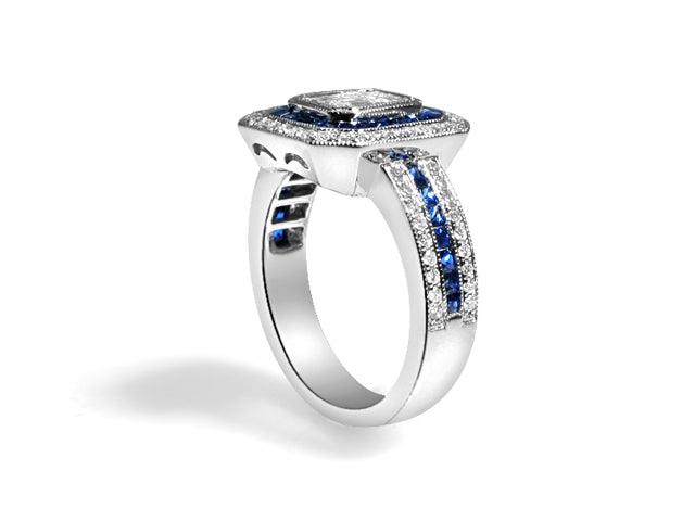1.54CT TW Sapphire and Diamond Art - Deco Style Octagon Ring - HANIKEN JEWELERS NEW-YORK