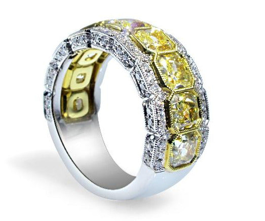 Breathtaking Totaling 5.39 ctw Radiant Cut Fancy Yellow Diamond Ring - HANIKEN JEWELERS NEW-YORK