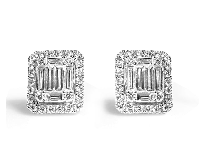 2.82ctw Ladies Round & Baguette Halo Diamond Stud Earrings - HANIKEN JEWELERS NEW-YORK