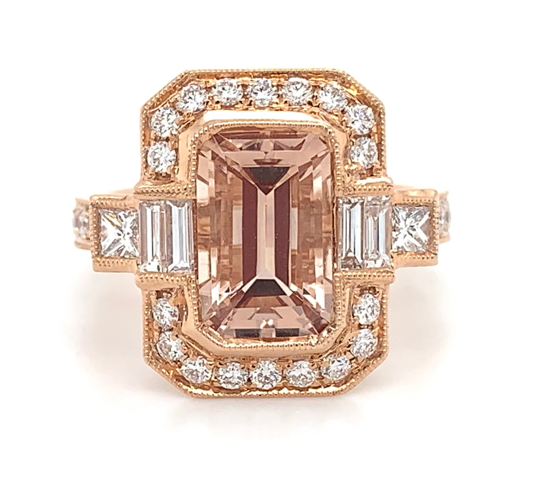 Emerald Cut Morganite & Diamond Ring - HANIKEN JEWELERS NEW-YORK