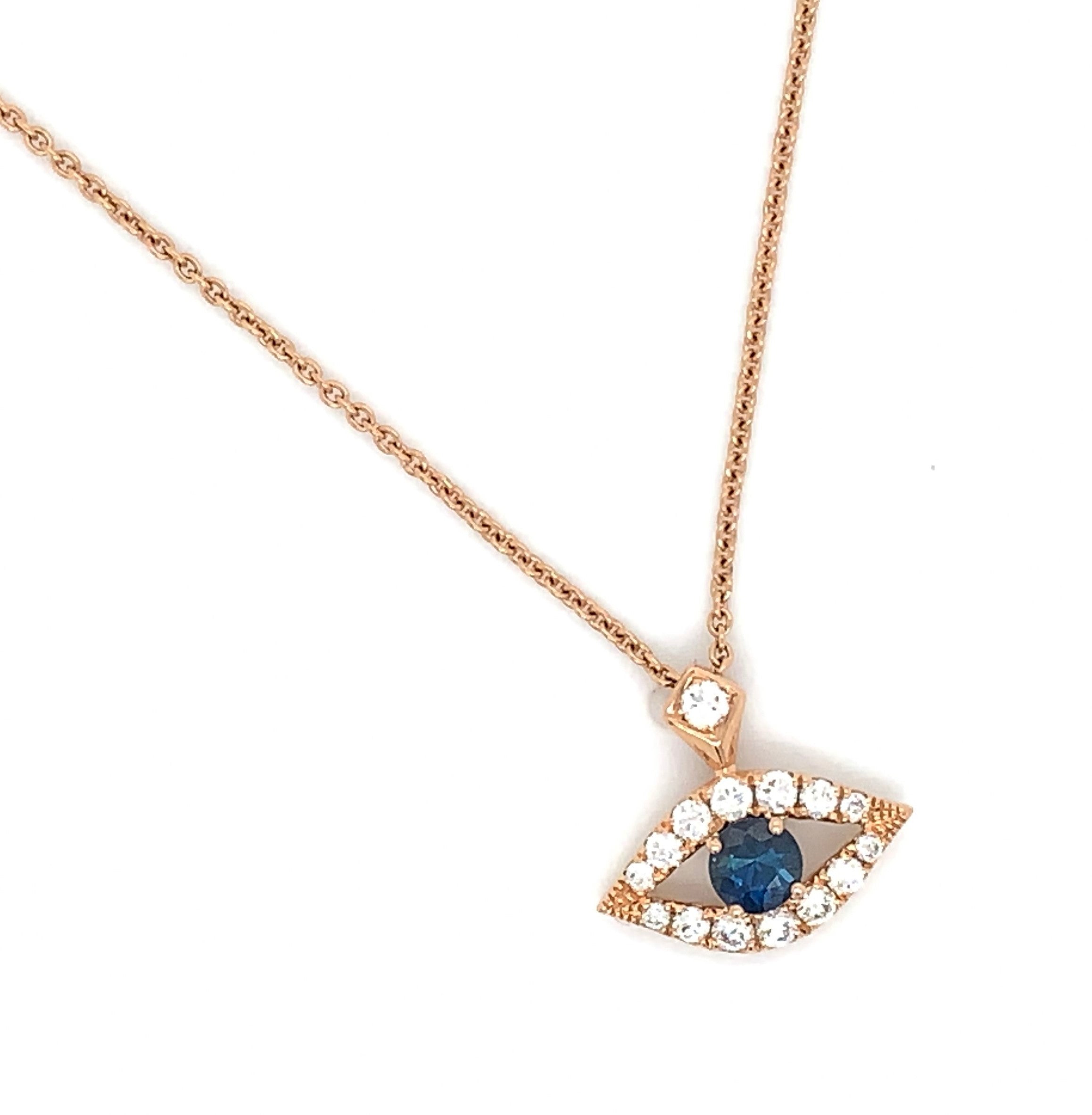 Ladies Diamond Evil Eye Necklace with Blue Sapphire