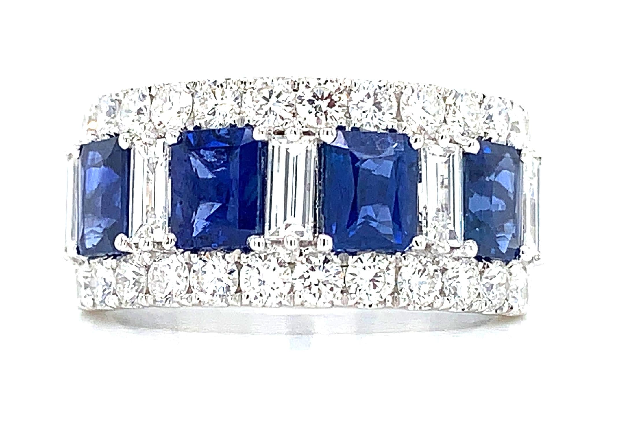 Four Stone Emerald Cut Blue Sapphire & Diamond Ring